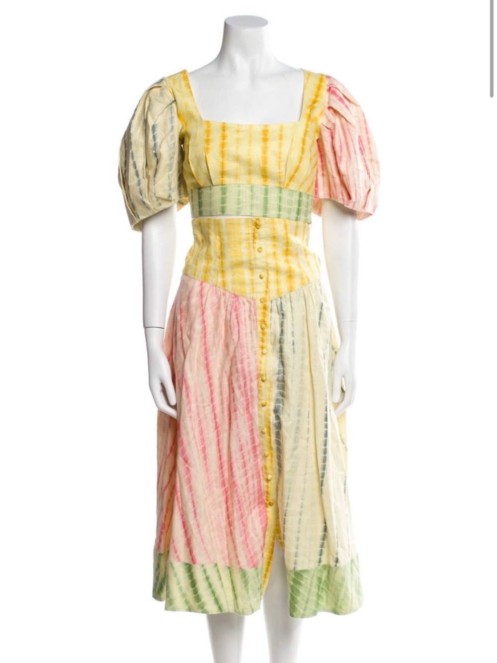 Alemais Yellow and Pink Striped Kids Dress with Puff Sleeves